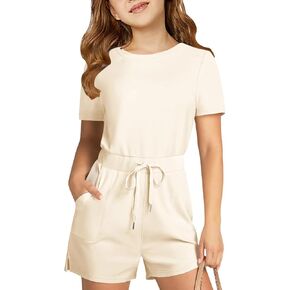 Haloumoning Girls Romper Short Sleeve Drawstring Summer Outfits Kids Casual Short Jumpsuit with Pockets 5-14 Years