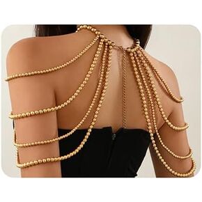 Xerling Faux Pearl Shoulder Harness Body Chain Fringe Tassels Bra Chain Body Jewelry Wedding Arm Chain for Women Girls Bikini Body Tassel (Gold)