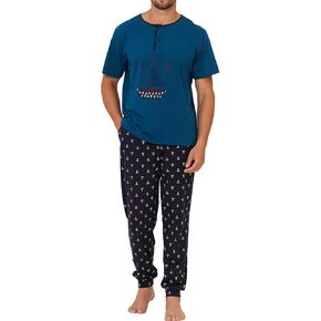 Keyocean Mens Henley Pajama Set, Soft Cotton Short-Sleeve T-Shirt & Long Pants PJ Set for Sleeping, Grey, Small
