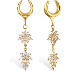 2Pcs Gold Saddle Plugs with Cute Flower Crystals Dangle Gauges for Wedding, Surgical Steel Size 2g - 1 inch Ear Plugs Tunnels Gauges for Ears Stretching Expander Body Jewelry