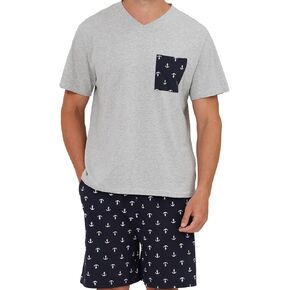 Keyocean Mens Pajama Set, Soft Cotton V-Neck Short-Sleeve T-Shirt & Shorts Summer PJ Set for Sleeping