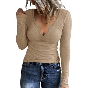 AKEWEI Women's Soft V Neck Ribbed Knit Shirts Basic Long Sleeve Tops Comfortable Long Sleeve Shirts Tunic Blouse Clothes