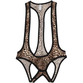 Men's Leopard Print Suspender Wrestling Singlet Bodysuit One-Piece Jockstrap Leotard