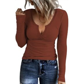 AKEWEI Women's Soft V Neck Ribbed Knit Shirts Basic Long Sleeve Tops Comfortable Long Sleeve Shirts Tunic Blouse Clothes in Kuwait