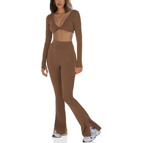 Fisoew Womens 2 Piece Workout Sets Yoga Outfits Twist Long Sleeve Crop Tops High Waisted Split Flare Leggings Sets