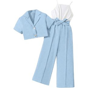 Floerns Girl's 2 Piece Outfits Short Sleeve Button Front Blazer Jacket & Belted Cami Jumpsuit Sets
