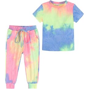 Toddler Little Girls Clothing Set 2 Piece Tie Dye Sports Outfits Kids Short Sleeve T-Shirt + Sweatpants with Pockets
