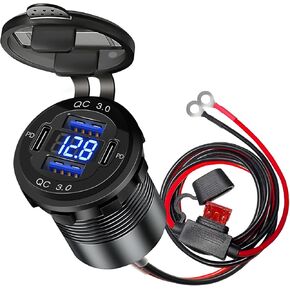 12V USB Outlet 4-Port 78W USB C Car Charger Adapter with Voltmeter, Dual PD3.0 & QC3.0 USB Ports Socket Aluminum USB Charger Cigarette Lighter Replacement for Boat Marine Truck Golf Cart RV Motorcycle