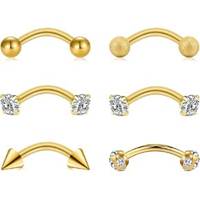 Briana Williams 6pcs Stainless Steel Rook Daith Earrings Belly Lip Ring Eyebrow Studs Cartilage Tragus Cubic Zirconia Barbell Body Piercing 8mm (5/16")
