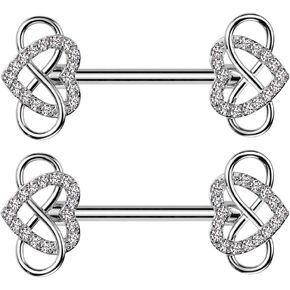 Pierced Owl 14GA 316L Stainless Steel CZ Crystal Infinity Heart Nipple Barbells, Sold as a Pair