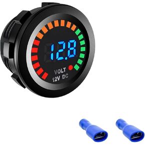 Waterproof Voltmeter for Car, DC 12V LED Digital Display Voltage Gauge with Terminals, Universal Round Panel Vehicle Battery Voltage Tester for Car Motorcycle Boat (2 PCS)