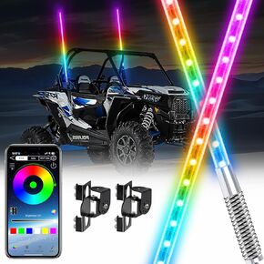 2 Pcs 2.36Ft Upgrade Whip Lights with Spring Base, LED RGB Chasing Lighted Whips with App for UTVs, ATVs, Motorcycles, Polaris, RZR, Can-am, SXS, Jeep, Go-Kart, 4 Wheeler, Truck, Boat