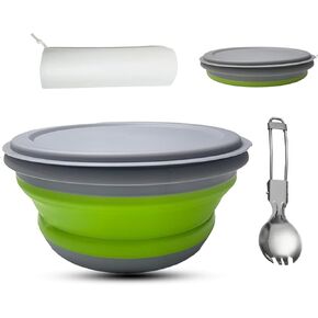 RMAMSCOV Camping Bowl, 3 PCS Food Grade Silicone Collapsible Bowl Lunch Box Salad Bowl with Lid, Expandable Food Storage Containers Set with Free folding tableware and storage bag (Blue)