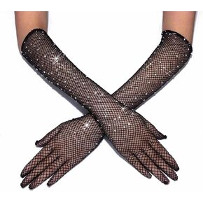 Latious Rhinestone Fishnet Long Gloves Black Glitter Mesh Gloves Sparkly Elbow Length Gloves for Women