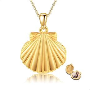 Seashell Locket Necklace 925 Sterling Silver That Holds Pictures Gold Sea Shell Photo Locket Pendant Necklaces Nautical Beach Seashell jewelry for Women