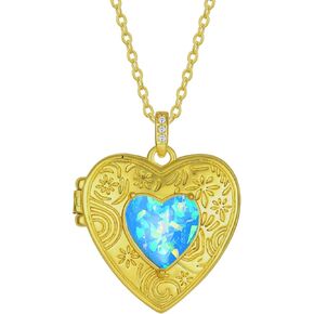 Heart Locket Necklace Copper Created Opal Exquisite Engrave Locket Pendant Collecting Photo Jewelry for Women