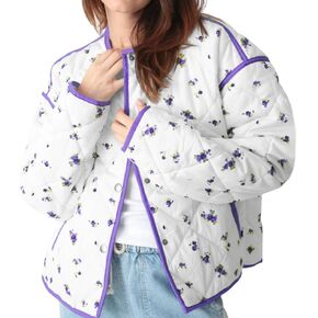 Tankaneo Women's Cropped Padded Jacket Quilted Open Front Floral Print Outwear Lightweight Winter Coat