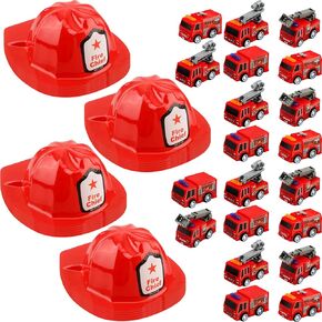 40 Pcs Kids Firefighter Party Favors Inlcude 20 Plastic Firefighter Helmet 20 Mini Pullback Fire Engine Trucks Toy Fire Chief Hat for Boys Girls Bag Filler Gift Costume Accessory