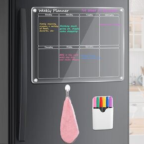 Acrylic Magnetic Fridge Calendar Weekly Planner + Monthly Dry Erase Board for Fridge Double Door Refrigerator Clear Meal Planning Board, 2 Boards and 6 Dry Erase Markers with 6 Colors