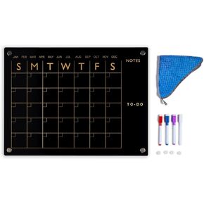 Black Acrylic Magnetic Calendar for Fridge - Magnetic Fridge Calendar - Acrylic Magnetic Dry Erase Board for Fridge - with 4 Chalk Pens-Cloth Eraser-Eraser Holder-Family Planner (11.8x15.7, Inches)