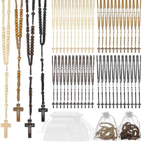 Lnrueg 48 Pcs Wooden Bead Rosary Necklaces with Organza Bags, Jesus Cross Pendant Rosary Necklace, First Communion Rosary Beads, Catholic Gifts Baptism Favors, 4 Colors