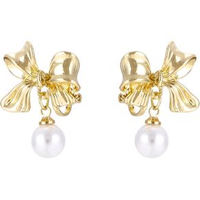 Gold Bow Clip on Earrings Women Ribbon Cute Non Pierced Earrings