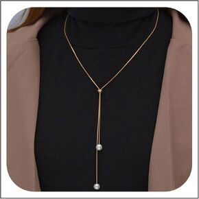 Long Pearl Lariat Necklaces Single Pearl Drop Y Necklace Dainty Pearl Pendant Sliding Necklace Adjustable Round Snake Chain Y Necklace Jewelry for Women Girls