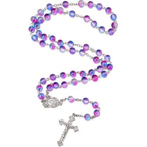 Catholic 8MM Colorful Beads Rosary, Rosaries Necklace with Alloy Miraculous Medal and Crucifix Cross