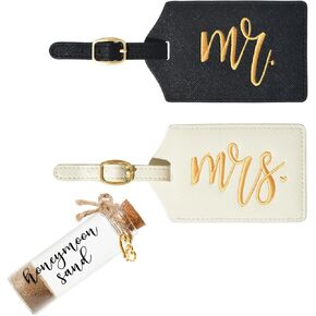 Mr. & Mrs. Luggage Tags & Honeymoon Beach Sand Keepsake Set, Wedding, Bridal Shower, Engagement Gifts for Couples (Black Gold Mr+White Gold Mrs+Honeymoon Sand)