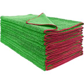 All-Purpose Dual Pile Terry Weave Microfiber Towels, Black with Red Trim, 380 GSM 16"x24", 12-Pack