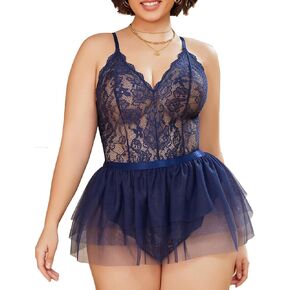 Avidlove Plus Size Lingerie Womens Lace Teddy Babydoll V Neck Chemise Nighty with Detachable Mesh Mini Skirt