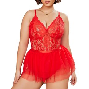 Avidlove Plus Size Lingerie Womens Lace Teddy Babydoll V Neck Chemise Nighty with Detachable Mesh Mini Skirt