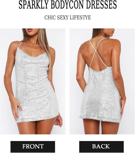 Women's Sequin Sparkly Glitter Dress Sexy Sleeveless Backless Spaghetti Strap Party Club Bodycon Mini Dress in Kuwait