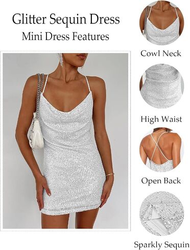 Women's Sequin Sparkly Glitter Dress Sexy Sleeveless Backless Spaghetti Strap Party Club Bodycon Mini Dress in Kuwait