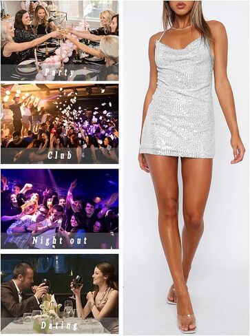 Women's Sequin Sparkly Glitter Dress Sexy Sleeveless Backless Spaghetti Strap Party Club Bodycon Mini Dress in Kuwait