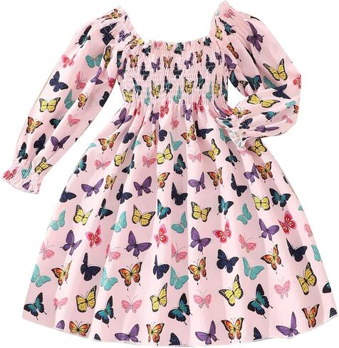 فستان بناتي كاجوال برقبة مربعة وأكمام طويلة وفساتين للأطفال الصغار مقاس 3-7T in Kuwait