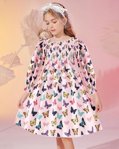 فستان بناتي كاجوال برقبة مربعة وأكمام طويلة وفساتين للأطفال الصغار مقاس 3-7T in Kuwait