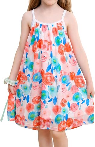 فستان صيفي بناتي كاجوال بحزام سباغيتي فستان صيفي بألوان قوس قزح مقاس 3-10 سنوات in Kuwait