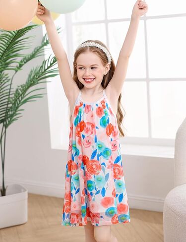 فستان صيفي بناتي كاجوال بحزام سباغيتي فستان صيفي بألوان قوس قزح مقاس 3-10 سنوات in Kuwait