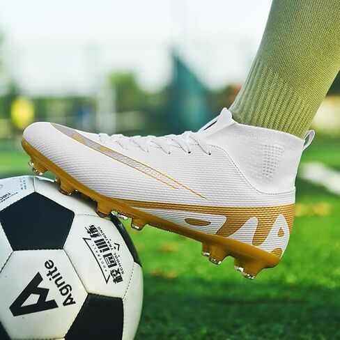 Mens Soccer Cleats Outdoor Spikes Black White Soccer Shoes for Men Professional High-Top Football Shoes Indoor Breathable Athletic Soccer Boots Professional Futsal Competition/Training Sneakers in Saudi Arabia
