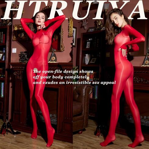 HTRUIYA Women's Oil Shiny Bodystocking Long Sleeved Sexy Body Stocking Sheer Nylon Full Body Stocking Glossy Tights Pantyhose in Kuwait