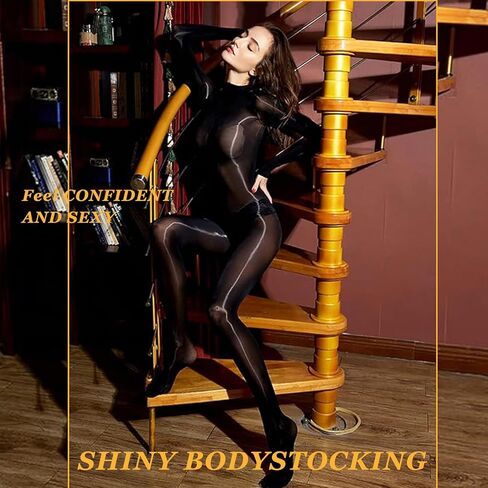 HTRUIYA Women's Oil Shiny Bodystocking Long Sleeved Sexy Body Stocking Sheer Nylon Full Body Stocking Glossy Tights Pantyhose in Kuwait