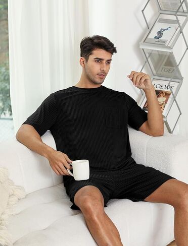 EISHOPEER Matching Pajamas for Couples 2 Piece Lounge Set Ribbed Knit Pajama Matching Tops and Shorts Soft Sleepwear S-XXL in Saudi Arabia
