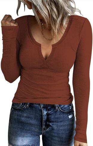 AKEWEI Women's Soft V Neck Ribbed Knit Shirts Basic Long Sleeve Tops Comfortable Long Sleeve Shirts Tunic Blouse Clothes in Kuwait