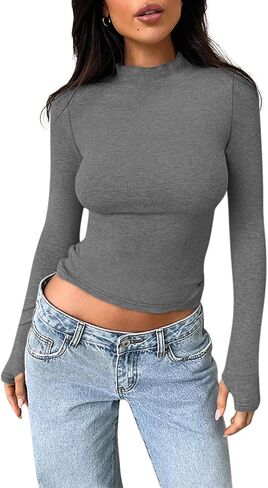 قمصان BZB النسائية ذات الياقة المدورة وأكمام طويلة 2024 خريف بقصة ضيقة وطبقات علوية أساسية مضلعة ومتماسكة ملابس حرارية Y2K in Kuwait