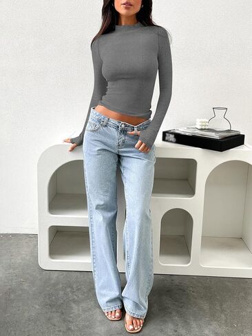 قمصان BZB النسائية ذات الياقة المدورة وأكمام طويلة 2024 خريف بقصة ضيقة وطبقات علوية أساسية مضلعة ومتماسكة ملابس حرارية Y2K in Kuwait