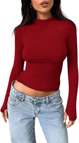 BZB Womens Turtleneck Long Sleeve Shirts 2024 Fall Slim Fit Layer Basic Tops Ribbed Knit Thermal Tees Y2K Clothes in Saudi Arabia