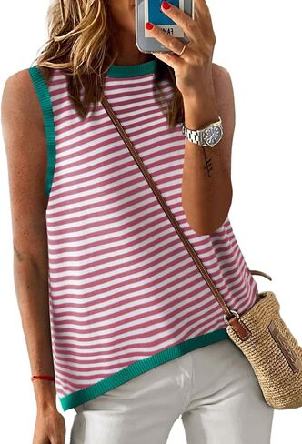 Dokotoo Womens Summer Tops 2024 Casual Striped Color Block High Neck Tank Top Loose Knit High Low Sleeveless Shirts Blouses in Kuwait