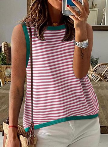 Dokotoo Womens Summer Tops 2024 Casual Striped Color Block High Neck Tank Top Loose Knit High Low Sleeveless Shirts Blouses in Kuwait