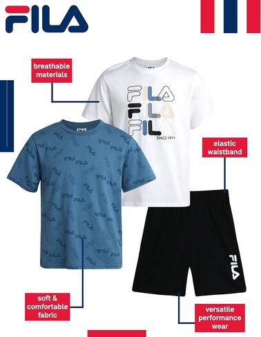 Fila Boys Shorts Set - 3 Piece Active Short Sleeve Shirts and Performance Athletic Shorts - Summer Outfit Set for Boys (4-12) in Saudi Arabia